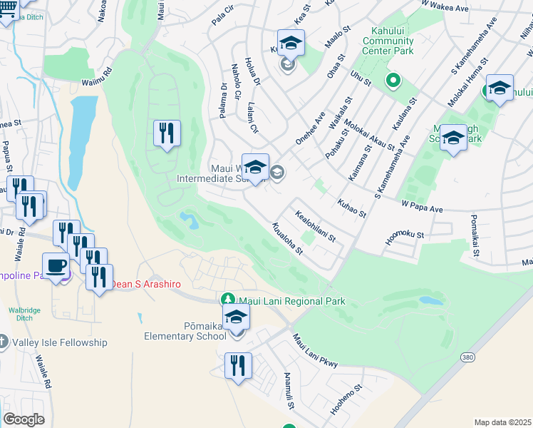map of restaurants, bars, coffee shops, grocery stores, and more near 71 Kuukama Street in Kahului