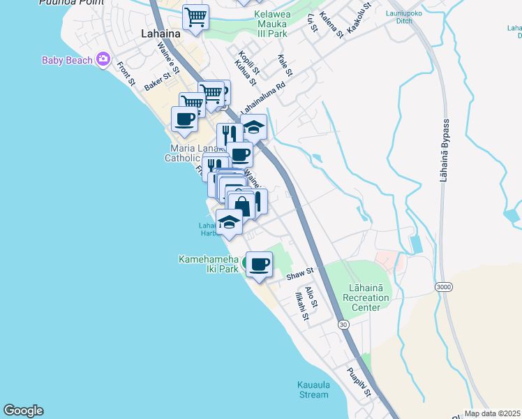 map of restaurants, bars, coffee shops, grocery stores, and more near 175 Waianae Place in Lahaina