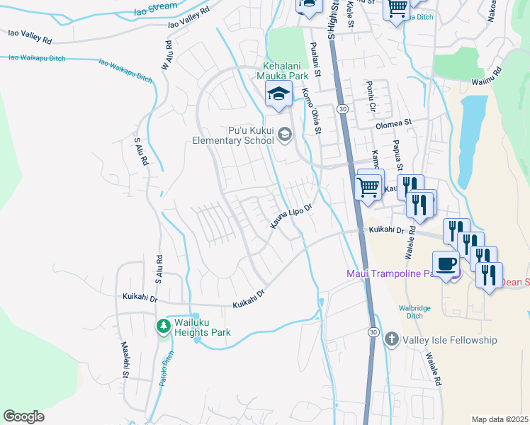 map of restaurants, bars, coffee shops, grocery stores, and more near 63 Kinohi Loa Street in Wailuku
