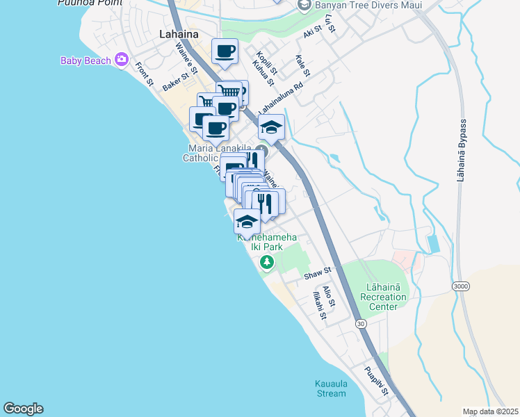 map of restaurants, bars, coffee shops, grocery stores, and more near 647 Luakini Street in Lahaina