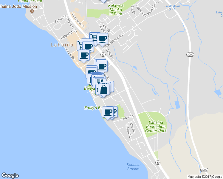 map of restaurants, bars, coffee shops, grocery stores, and more near 175 Waianae Place in Lahaina