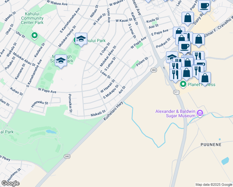 map of restaurants, bars, coffee shops, grocery stores, and more near 272 Ani Street in Kahului