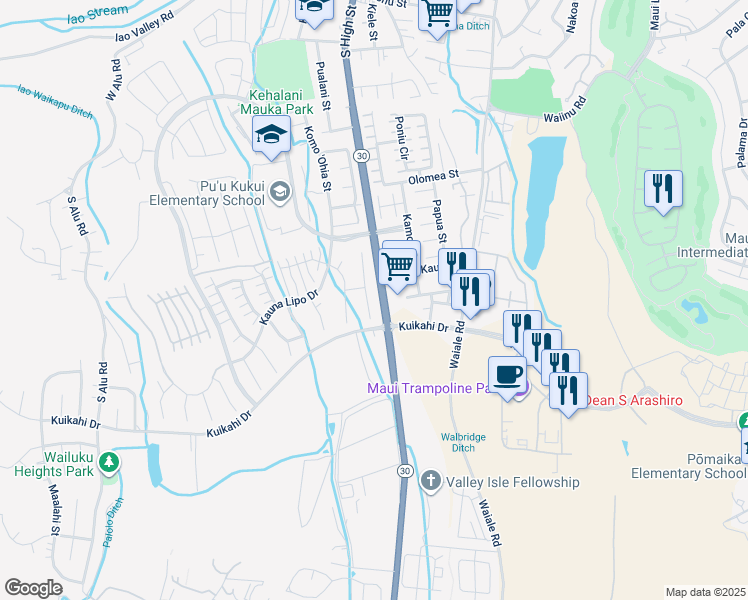 map of restaurants, bars, coffee shops, grocery stores, and more near 73 Hakalani Place in Wailuku