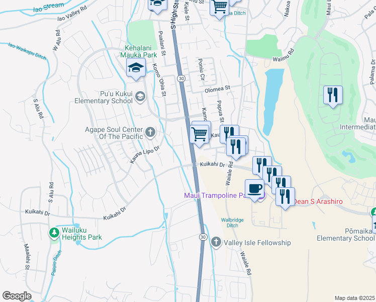 map of restaurants, bars, coffee shops, grocery stores, and more near 73 Hakalani Place in Wailuku