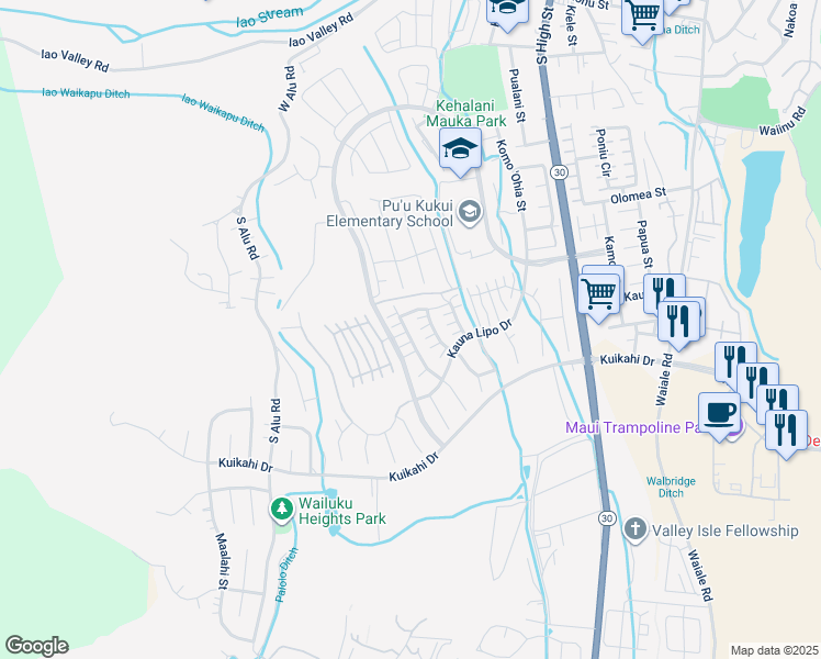 map of restaurants, bars, coffee shops, grocery stores, and more near 261 Maka Hou Loop in Wailuku