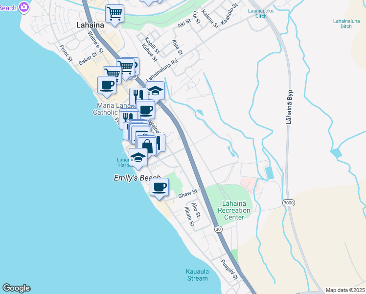 map of restaurants, bars, coffee shops, grocery stores, and more near 255 Prison Street in Lahaina
