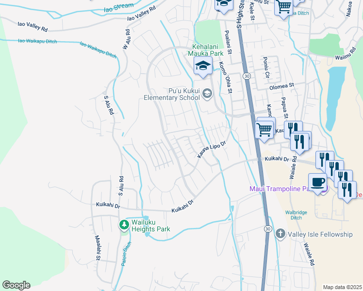 map of restaurants, bars, coffee shops, grocery stores, and more near 261 Maka Hou Loop in Wailuku