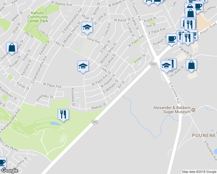 map of restaurants, bars, coffee shops, grocery stores, and more near 304 South Mokapu Street in Kahului
