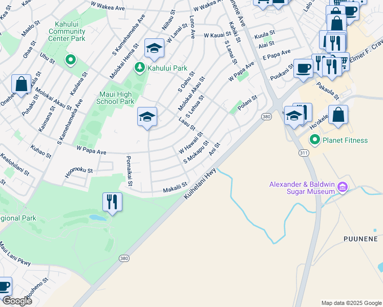 map of restaurants, bars, coffee shops, grocery stores, and more near 304 South Mokapu Street in Kahului