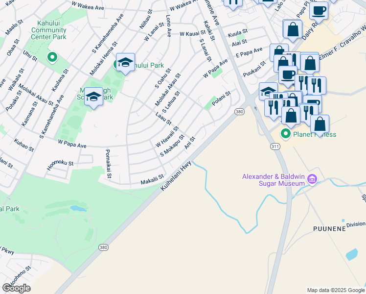 map of restaurants, bars, coffee shops, grocery stores, and more near 266 Ani Street in Kahului