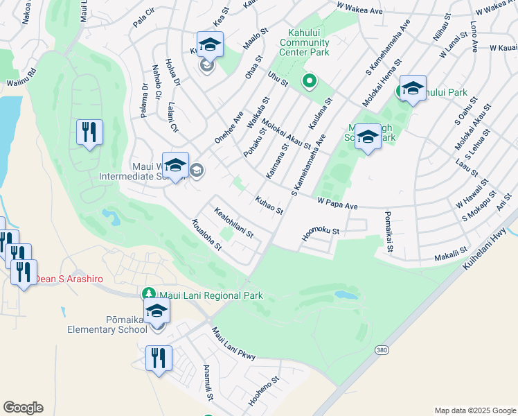 map of restaurants, bars, coffee shops, grocery stores, and more near 694 Kipapa Place in Kahului