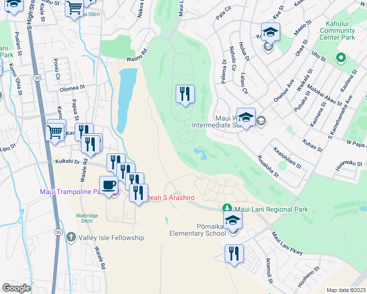 map of restaurants, bars, coffee shops, grocery stores, and more near 85 Kamaiki Circle in Kahului