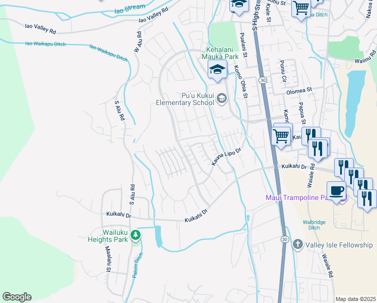 map of restaurants, bars, coffee shops, grocery stores, and more near 240 Maka Hou Loop in Wailuku