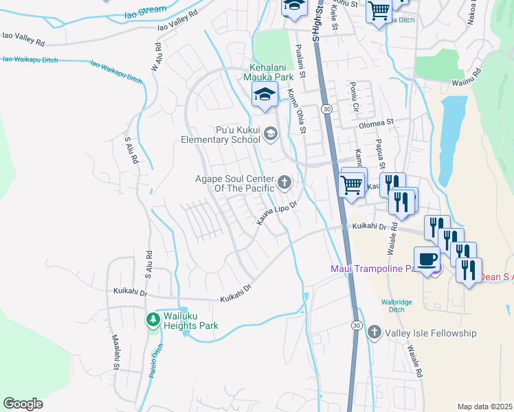 map of restaurants, bars, coffee shops, grocery stores, and more near 35 Maka Hou Loop in Wailuku
