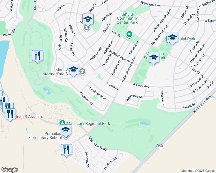 map of restaurants, bars, coffee shops, grocery stores, and more near 694 Kipapa Place in Kahului