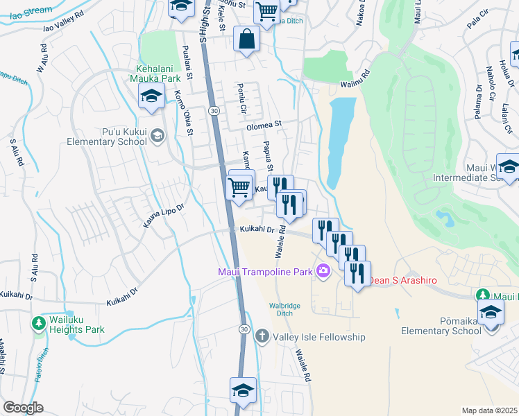 map of restaurants, bars, coffee shops, grocery stores, and more near 284 Kehalani Village Drive in Wailuku