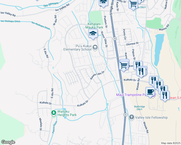 map of restaurants, bars, coffee shops, grocery stores, and more near 35 Maka Hou Loop in Wailuku
