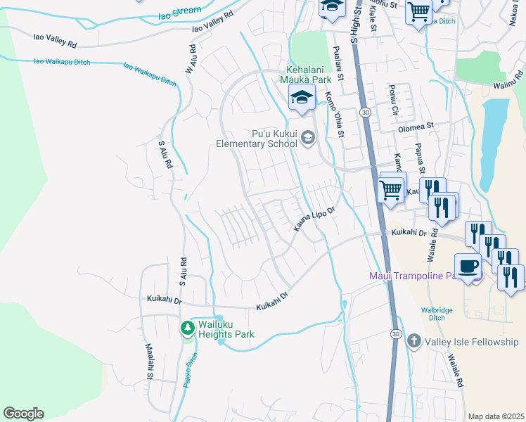 map of restaurants, bars, coffee shops, grocery stores, and more near 240 Maka Hou Loop in Wailuku