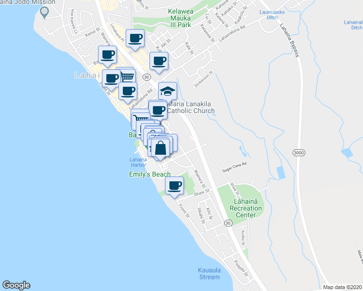 map of restaurants, bars, coffee shops, grocery stores, and more near 628 Waine'e Street in Lahaina
