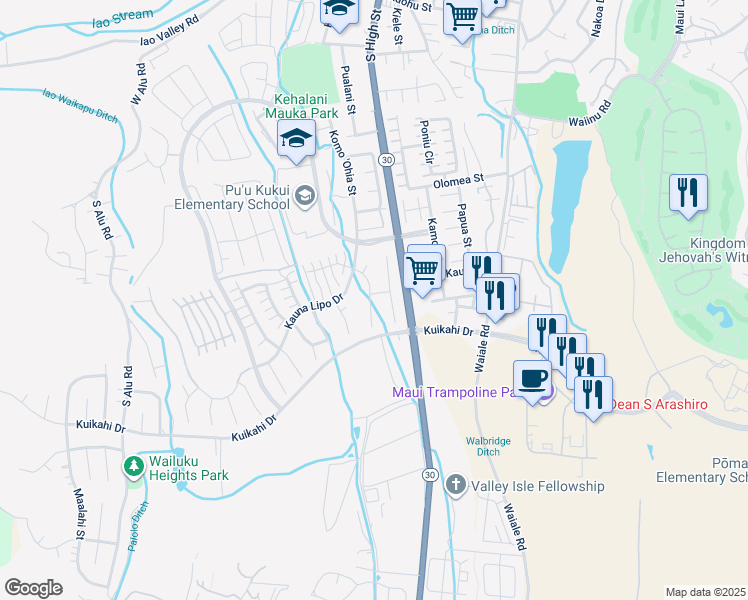 map of restaurants, bars, coffee shops, grocery stores, and more near 6 Malunawai Street in Wailuku
