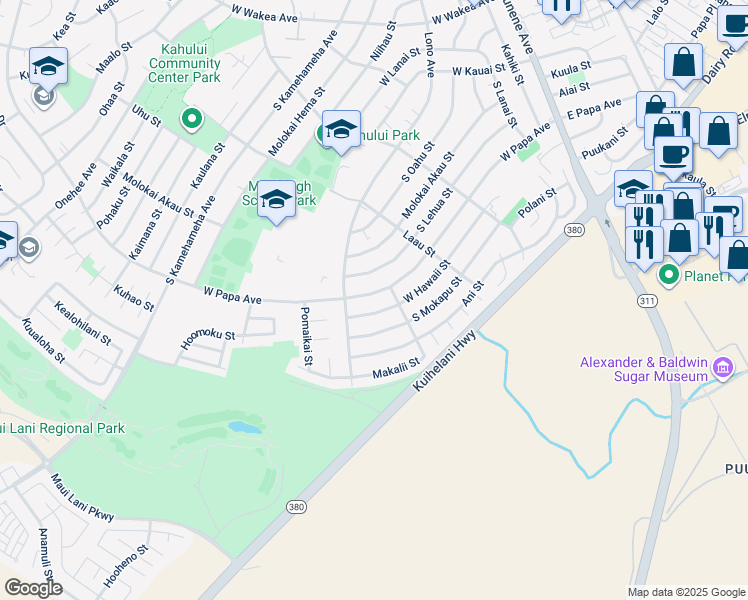 map of restaurants, bars, coffee shops, grocery stores, and more near 377 West Papa Avenue in Kahului