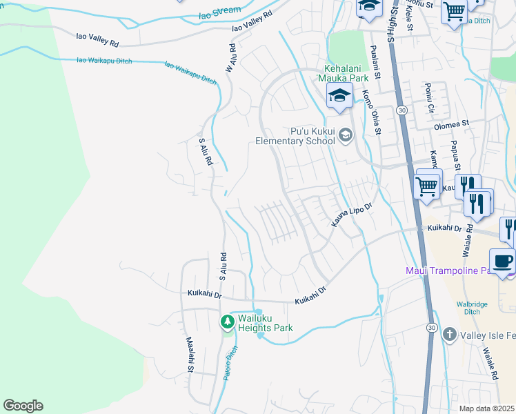 map of restaurants, bars, coffee shops, grocery stores, and more near 72 Awela Circle in Wailuku