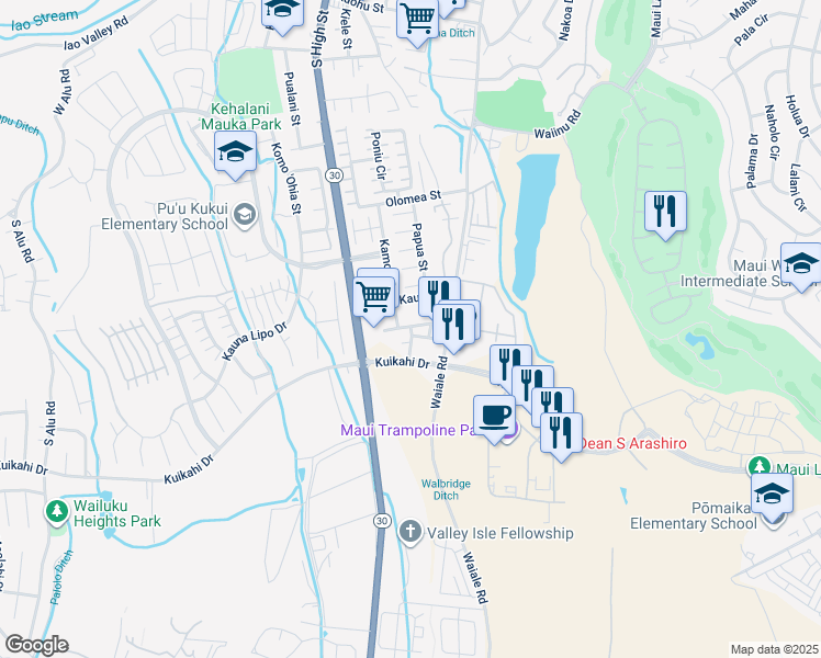 map of restaurants, bars, coffee shops, grocery stores, and more near 284 Kehalani Village Drive in Wailuku