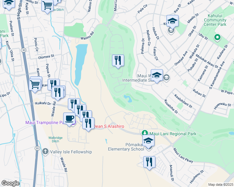 map of restaurants, bars, coffee shops, grocery stores, and more near 85 Kamaiki Circle in Kahului