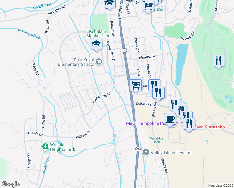 map of restaurants, bars, coffee shops, grocery stores, and more near 46 Maunaleo Place in Wailuku