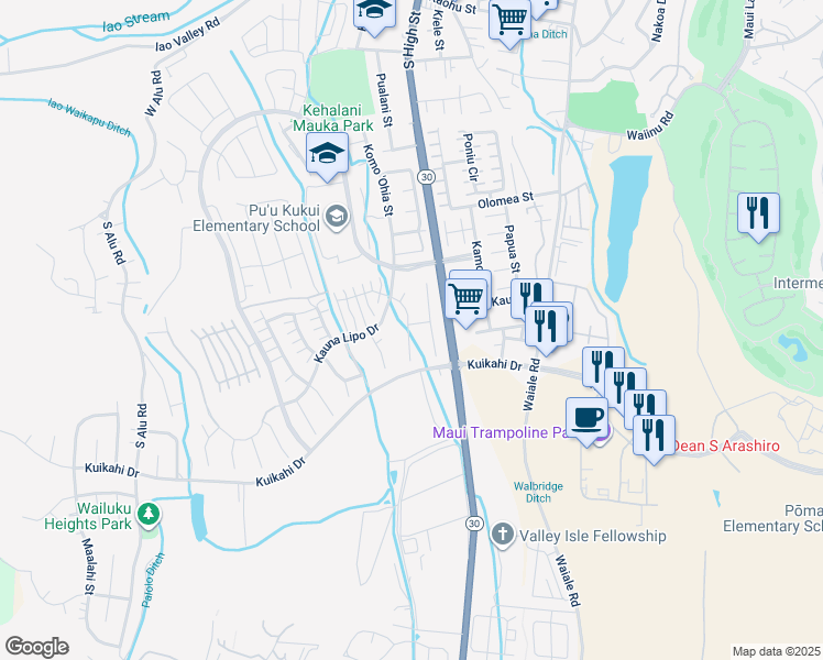 map of restaurants, bars, coffee shops, grocery stores, and more near 6 Malunawai Street in Wailuku