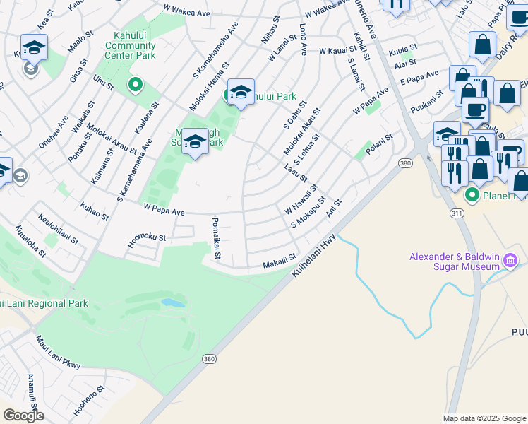 map of restaurants, bars, coffee shops, grocery stores, and more near 377 West Papa Avenue in Kahului