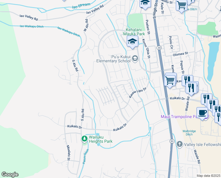 map of restaurants, bars, coffee shops, grocery stores, and more near 15 Awela Circle in Wailuku