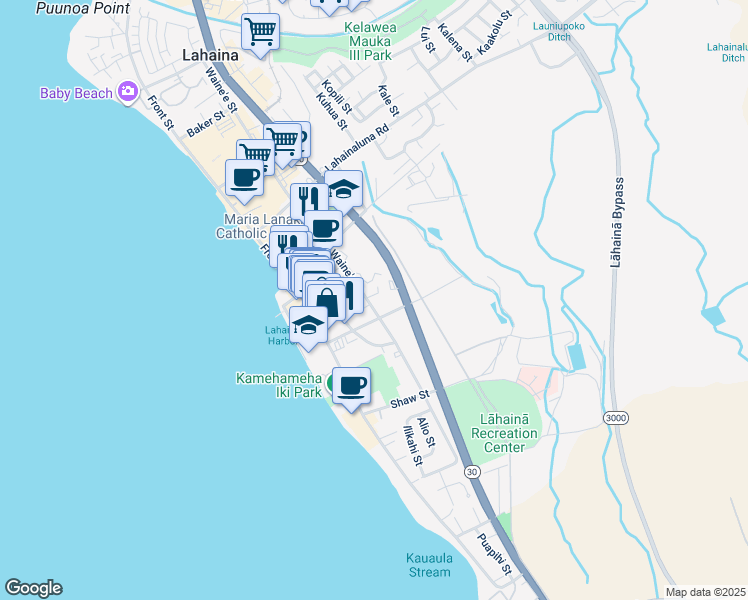map of restaurants, bars, coffee shops, grocery stores, and more near 628 Waine'e Street in Lahaina