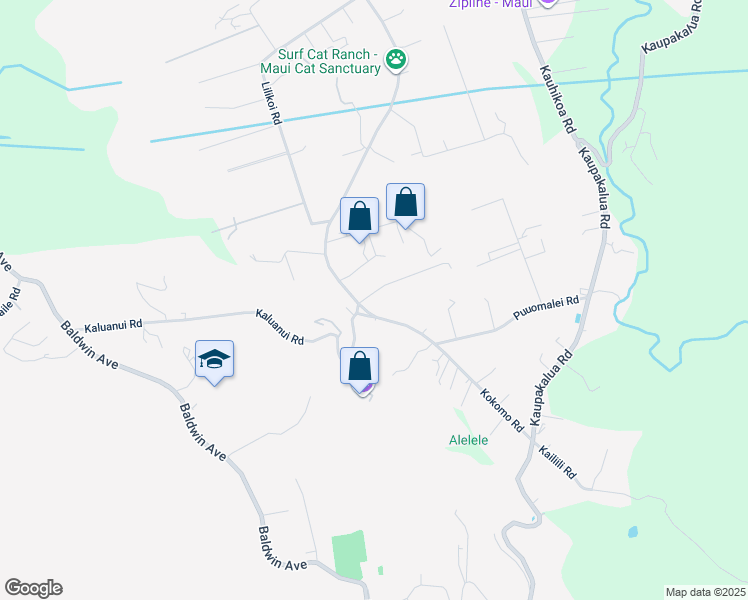 map of restaurants, bars, coffee shops, grocery stores, and more near 2595 Kokomo Road in Haiku-Pauwela