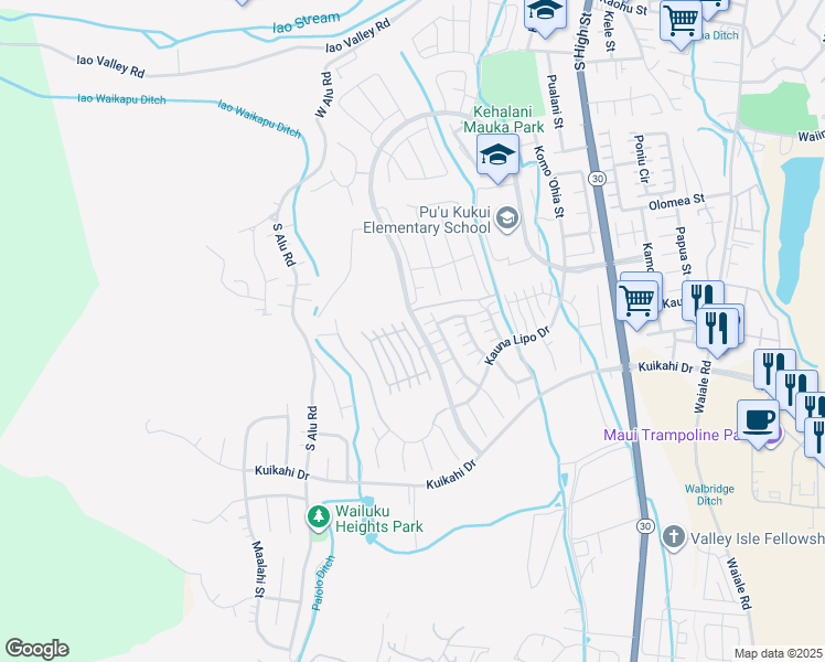 map of restaurants, bars, coffee shops, grocery stores, and more near 23 Awela Circle in Wailuku