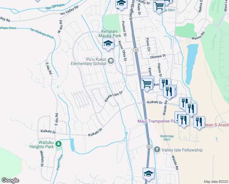 map of restaurants, bars, coffee shops, grocery stores, and more near 45 Kuaiwa Way in Wailuku