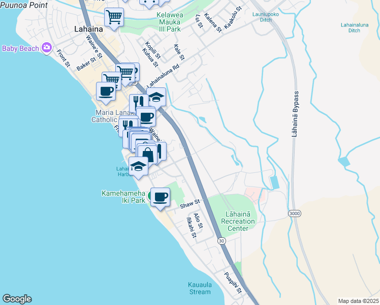 map of restaurants, bars, coffee shops, grocery stores, and more near 281 Prison Street in Lahaina