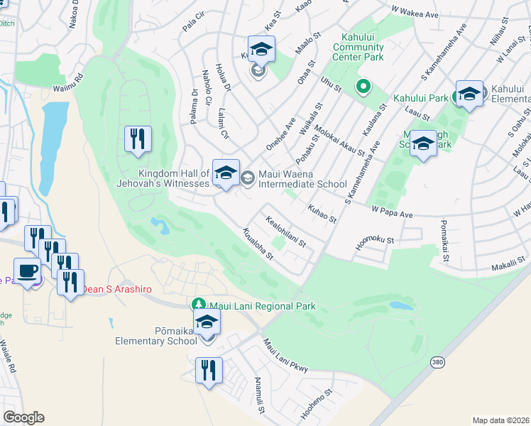 map of restaurants, bars, coffee shops, grocery stores, and more near 148 Kealohilani Street in Kahului