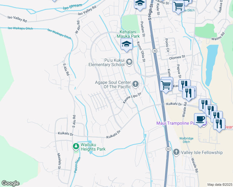map of restaurants, bars, coffee shops, grocery stores, and more near 32 Kinohi Loa Street in Wailuku