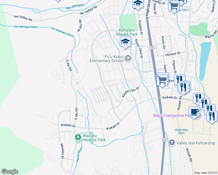 map of restaurants, bars, coffee shops, grocery stores, and more near 240 Maka Hou Loop in Wailuku