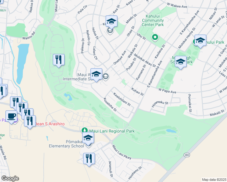 map of restaurants, bars, coffee shops, grocery stores, and more near 148 Kealohilani Street in Kahului