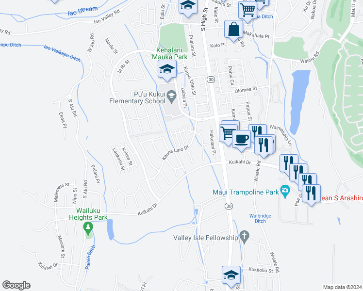 map of restaurants, bars, coffee shops, grocery stores, and more near 41 Iliau Way in Wailuku