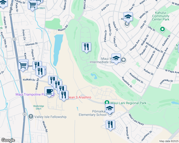 map of restaurants, bars, coffee shops, grocery stores, and more near 65 Kamaiki Circle in Kahului