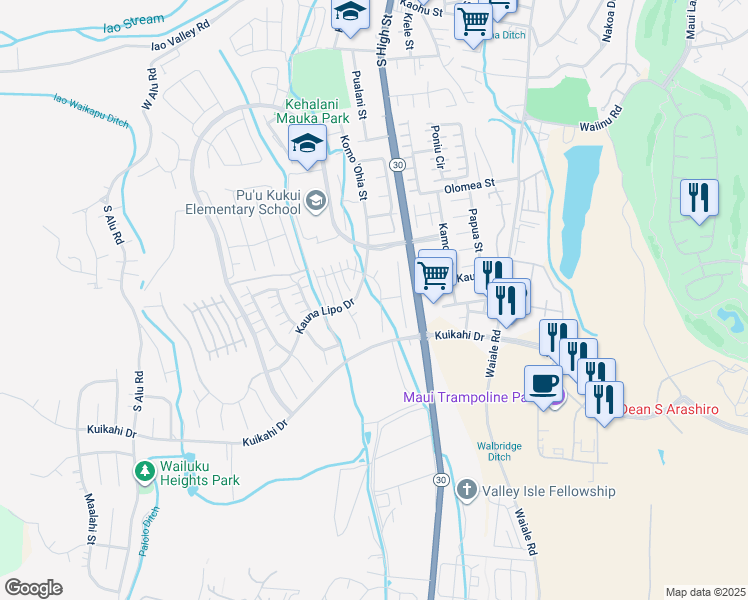 map of restaurants, bars, coffee shops, grocery stores, and more near 42 Maunaleo Place in Wailuku