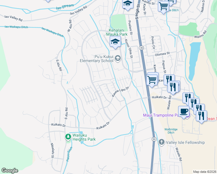 map of restaurants, bars, coffee shops, grocery stores, and more near 33 Kinohi Loa Street in Wailuku