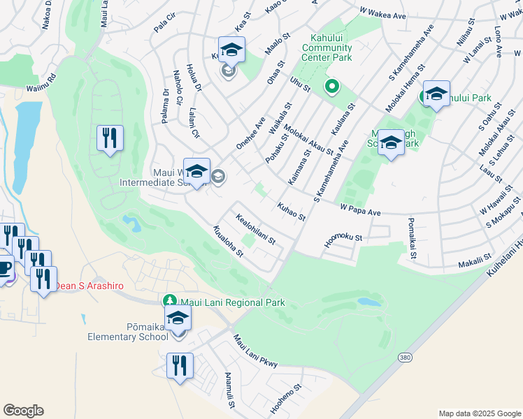 map of restaurants, bars, coffee shops, grocery stores, and more near 705 Huali Way in Kahului