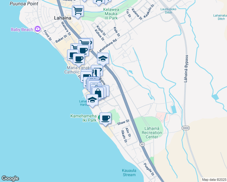 map of restaurants, bars, coffee shops, grocery stores, and more near 626 Waine'e Street in Lahaina