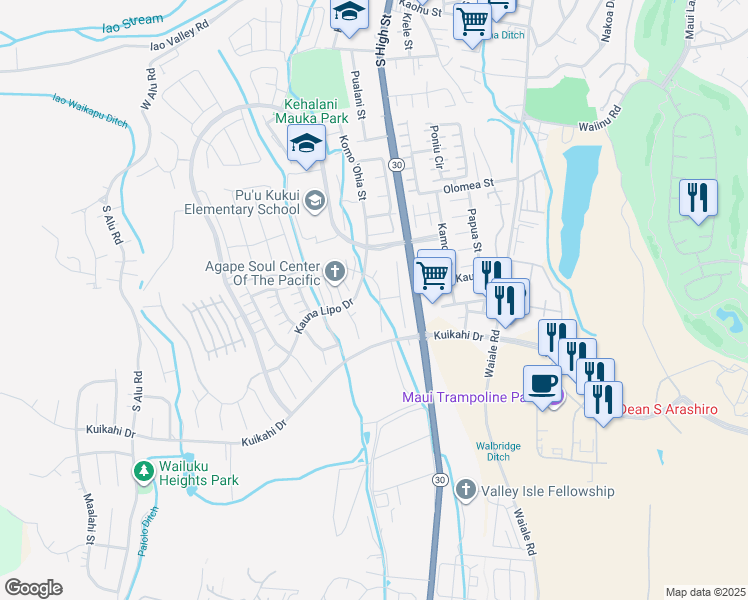 map of restaurants, bars, coffee shops, grocery stores, and more near 42 Maunaleo Place in Wailuku