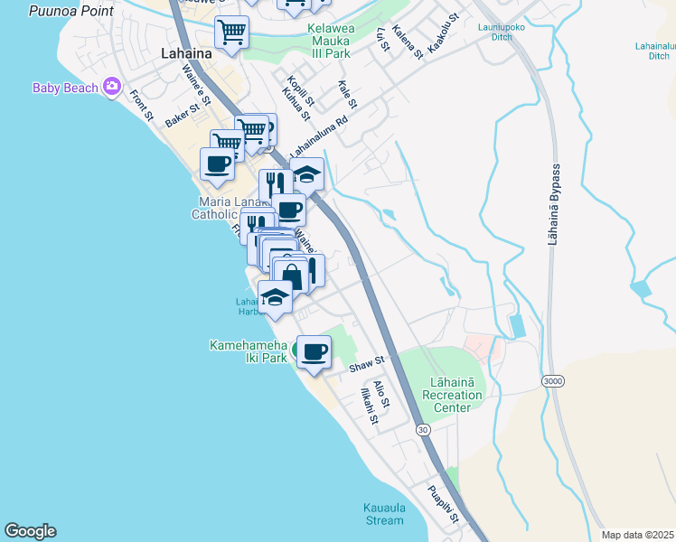 map of restaurants, bars, coffee shops, grocery stores, and more near 626 Waine'e Street in Lahaina