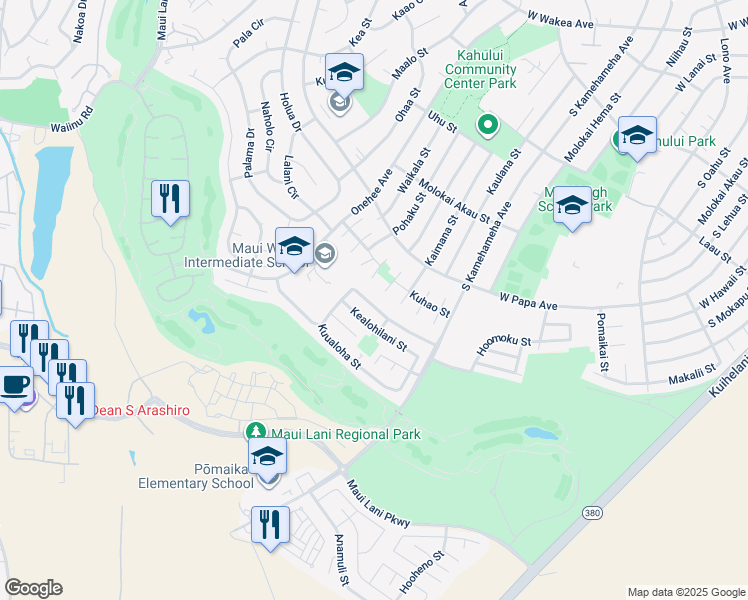 map of restaurants, bars, coffee shops, grocery stores, and more near 283 Kuualoha Street in Kahului